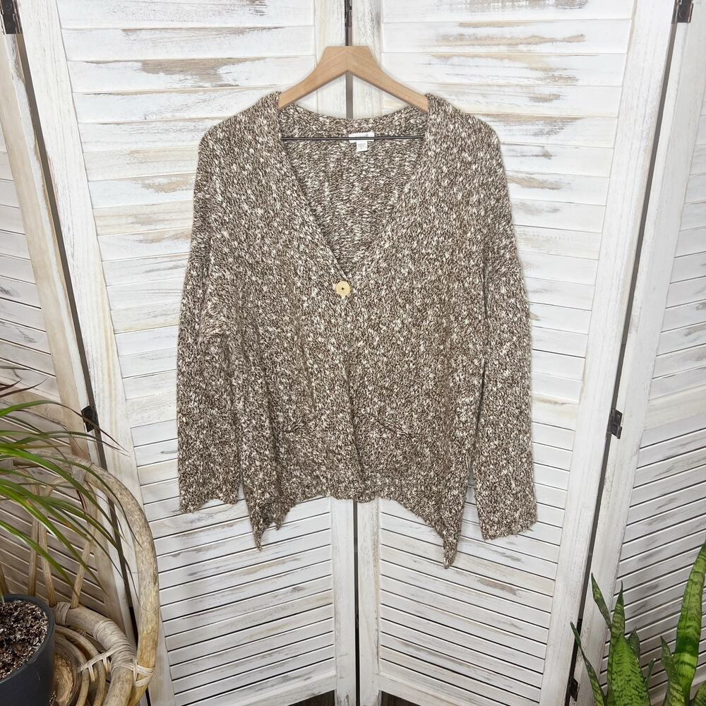 PURE JILL Women's Chunky Braided Knit Cardigan Sweater Single Button Brown Large - Picture 15 of 15